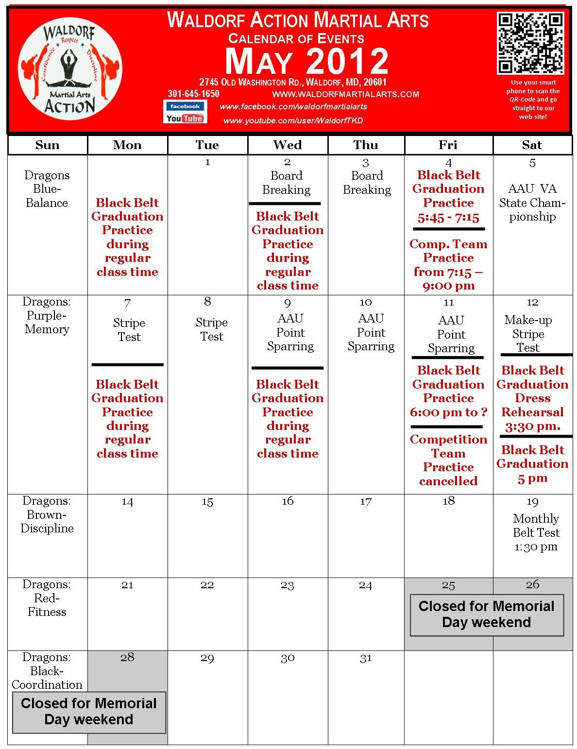 Waldorf Action Martial Arts May 2012 Calendar of Events