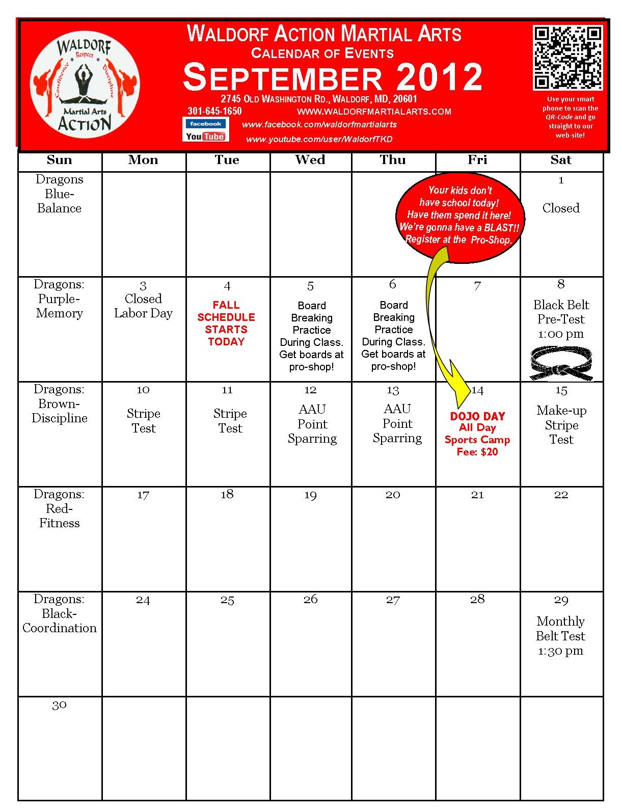 September 2012 WAMA Calendar of Events Waldorf Martial Arts