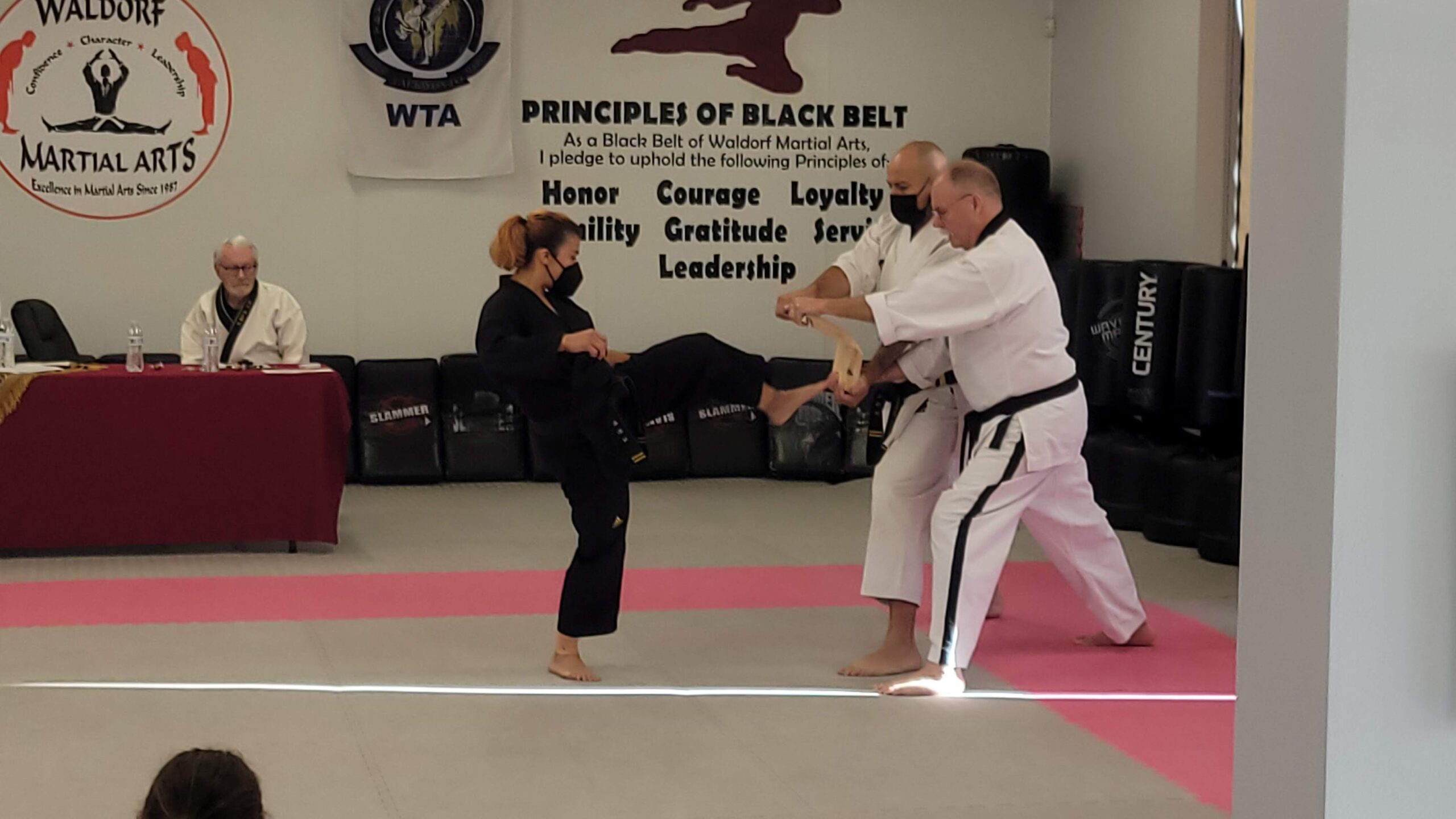 Martial arts students seated on mats participate in a structured class activity within the training space.