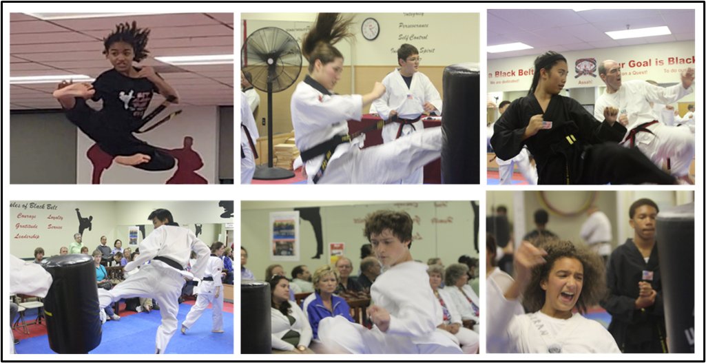 Martial arts students seated on mats participate in a structured class activity within the training space.