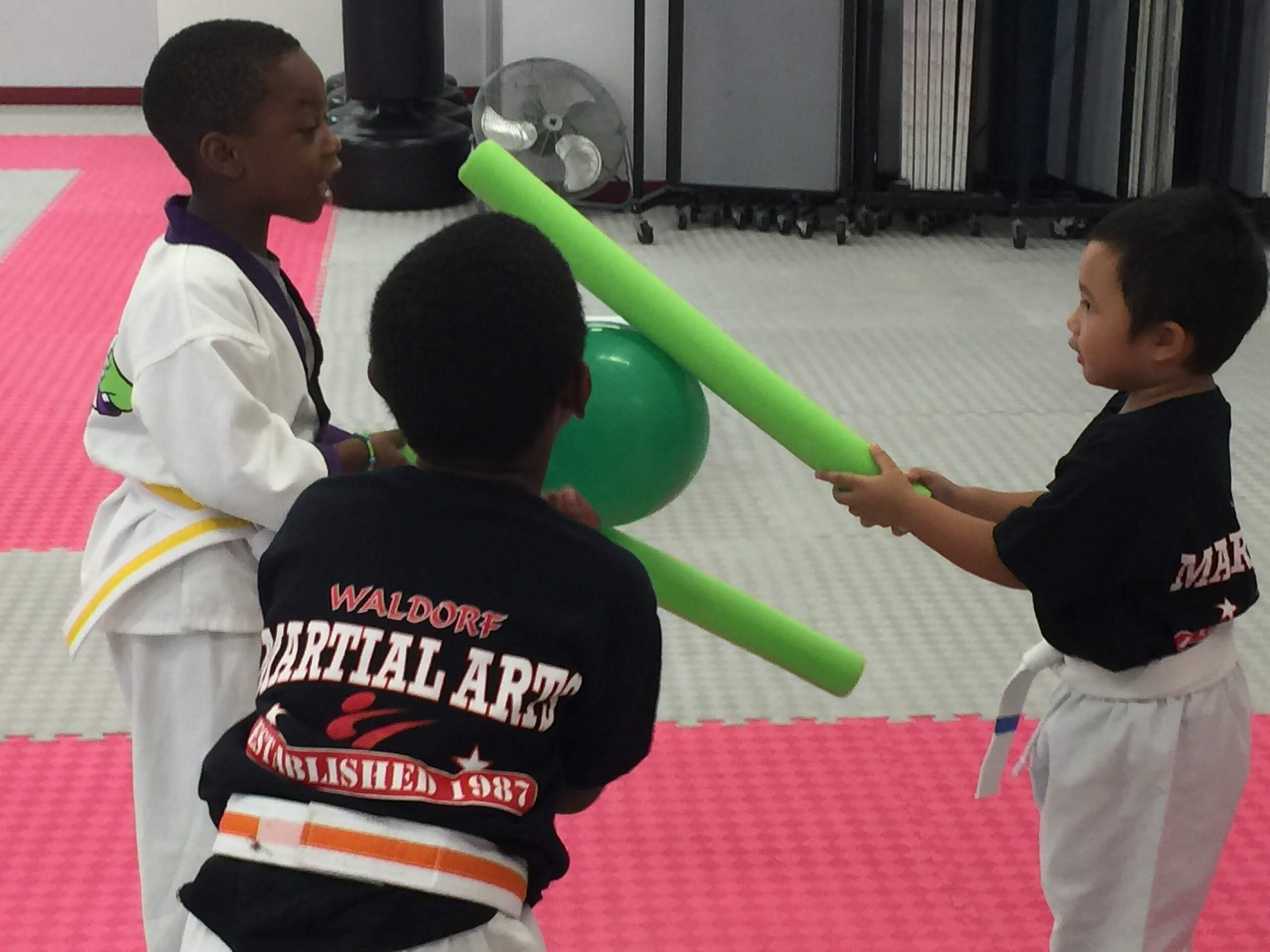 Martial arts students seated on mats participate in a structured class activity within the training space.