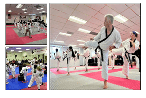 Martial arts students seated on mats participate in a structured class activity within the training space.