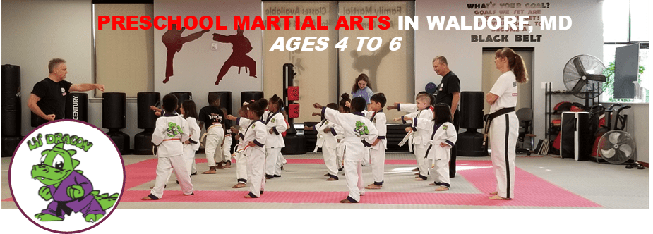 Young children in martial arts uniforms practice techniques in a dojo setting, guided by instructors. The image promotes preschool martial arts classes.