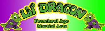 "Li'l Dragon: Preschool Age Martial Arts banner featuring a cartoon dragon in a purple martial arts uniform against a vibrant background."