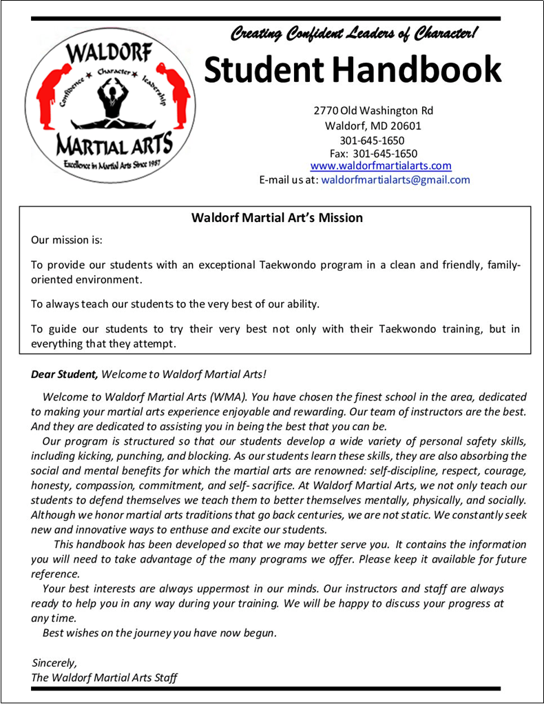 Waldorf Martial Arts Student Handbook cover detailing the mission and values of the Taekwondo program, emphasizing personal growth and community involvement.