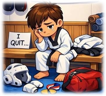 A young boy in a taekwondo uniform sits on a bench, looking sad beside a sign that says "I QUIT," showcasing feelings of disappointment after training.