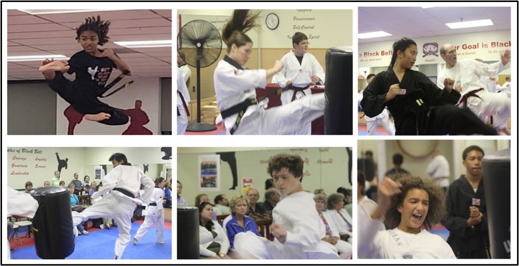 Students practice martial arts techniques, showcasing jumps and kicks in a dojo setting, highlighting skill development and competition preparation.